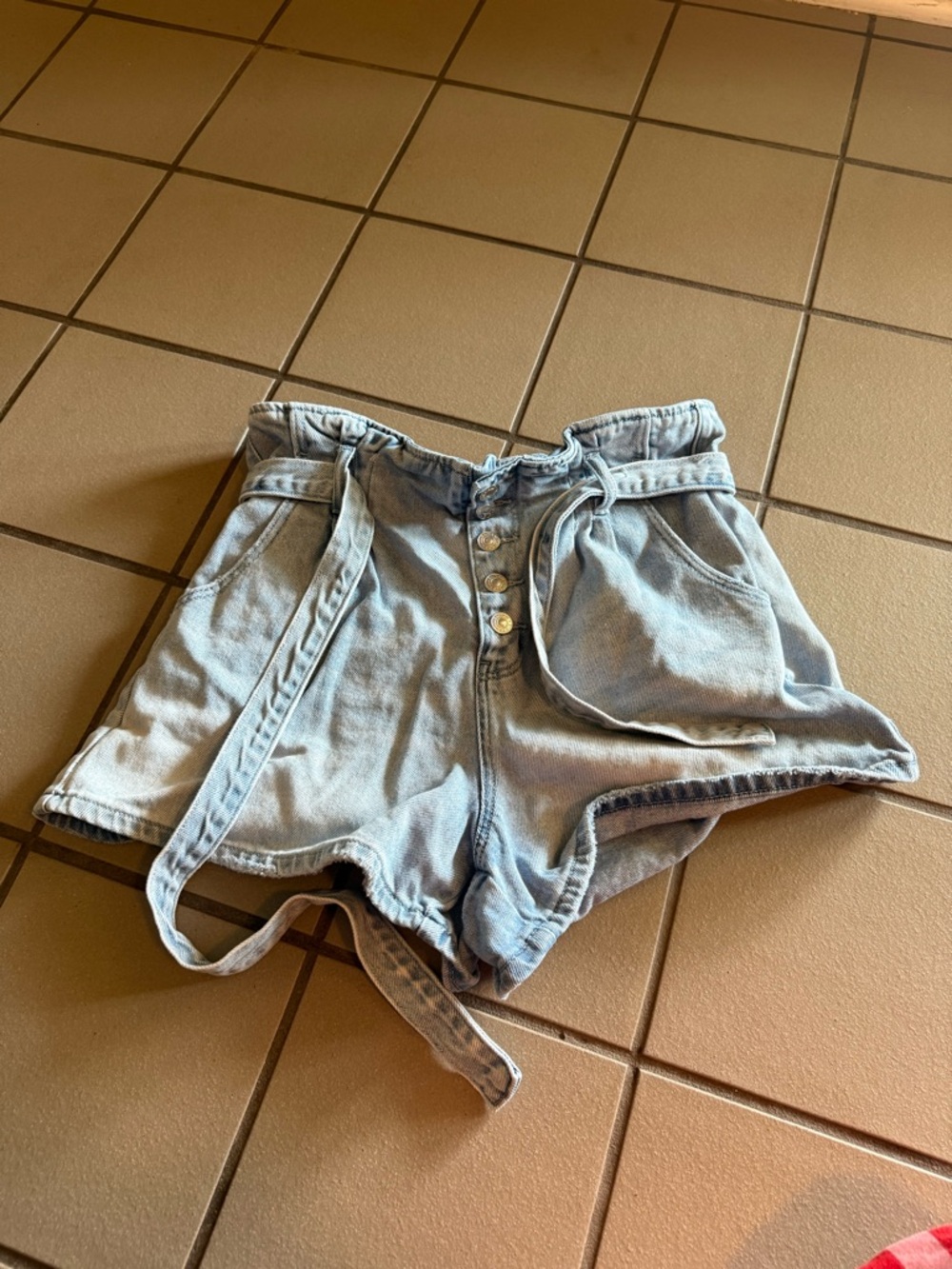 American Eagle Outfitters Light Blue Denim Paperbag Shorts with Tie